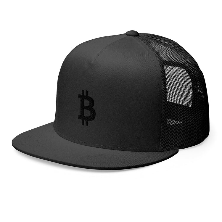 Image of a sleek all-black Bitcoin trucker hat with a mesh back, featuring the iconic Bitcoin logo embroidered in black on the front, creating a monochromatic look that exudes sophistication.