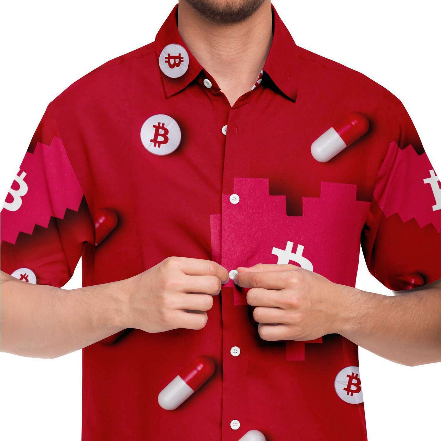 Bitcoin Pill | Short Sleeve Button Down Shirt - AOP | bitcoin-pill-shirt | Subliminator