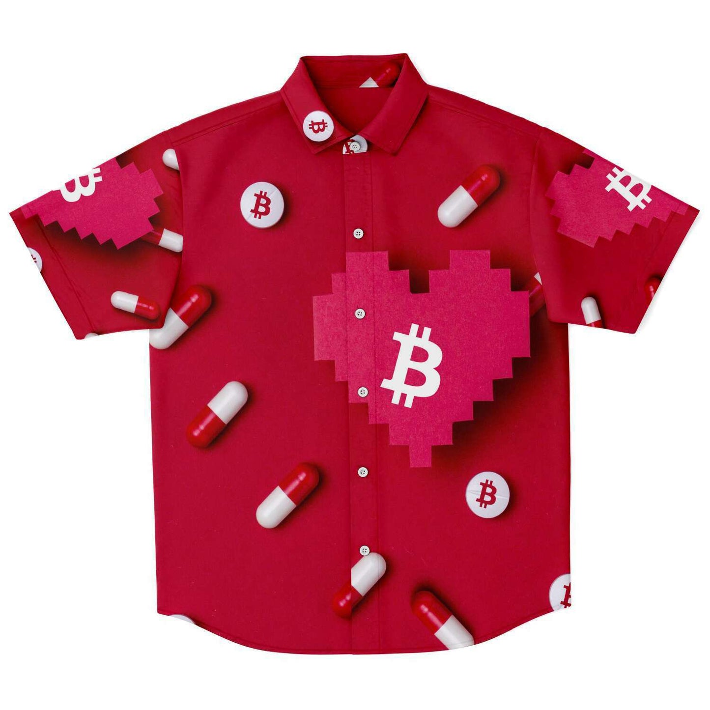 Bitcoin Pill | Short Sleeve Button Down Shirt - AOP | bitcoin-pill-shirt | Subliminator