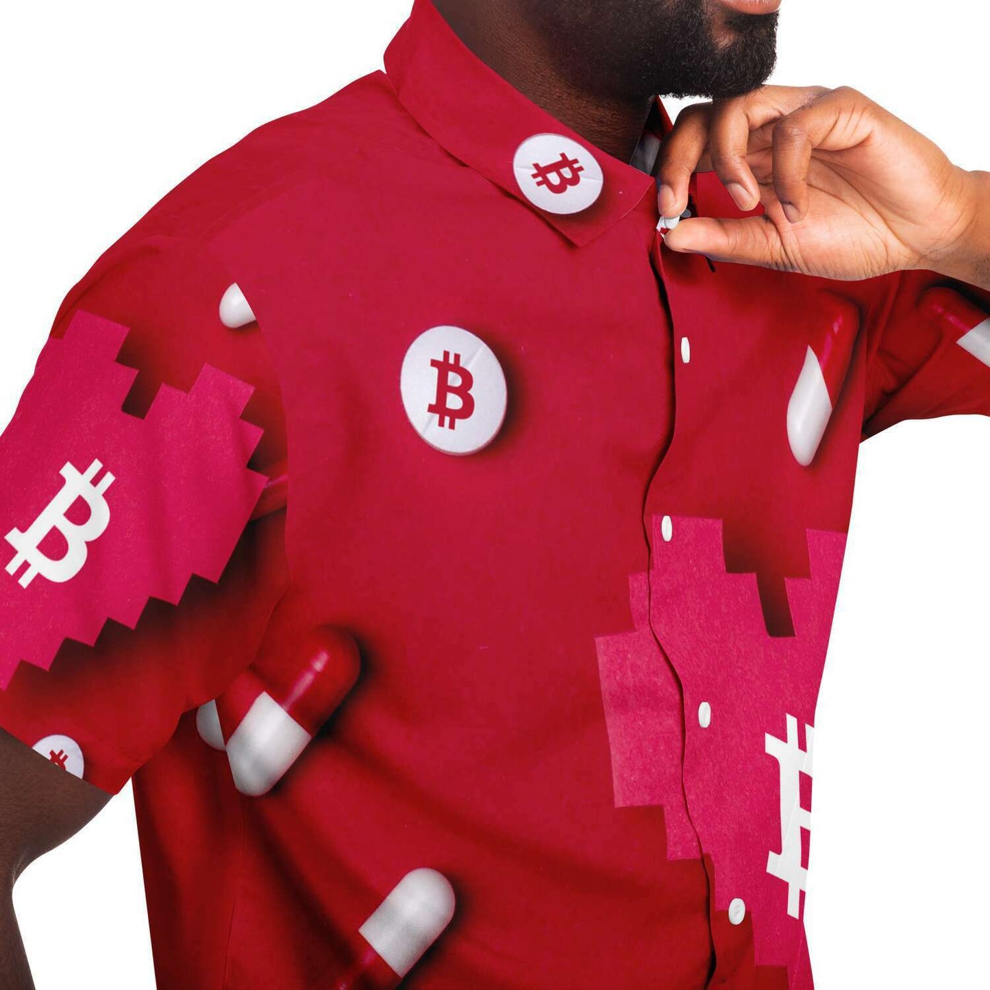 Bitcoin Pill | Short Sleeve Button Down Shirt - AOP | bitcoin-pill-shirt | Subliminator
