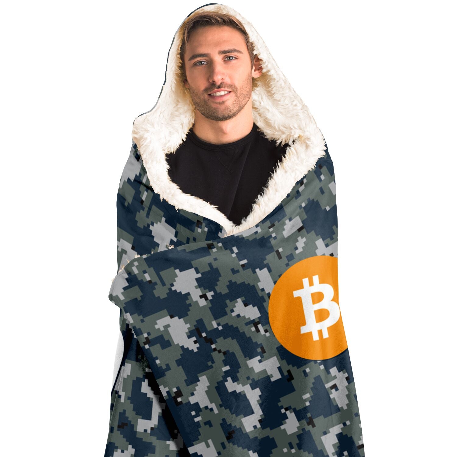 Bitcoin Camo Navy Hooded Blanket In N Out Crypto