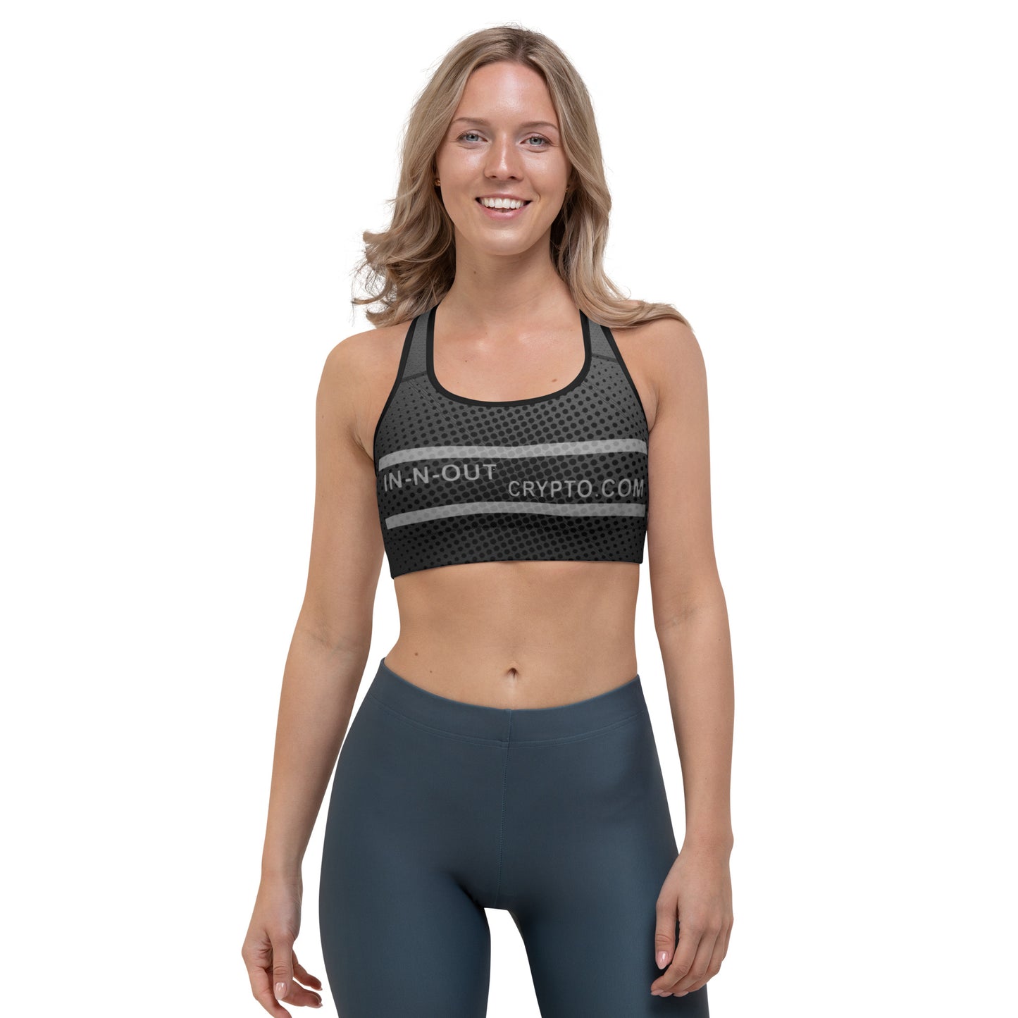 In N Out Crypto Sports Bra printful