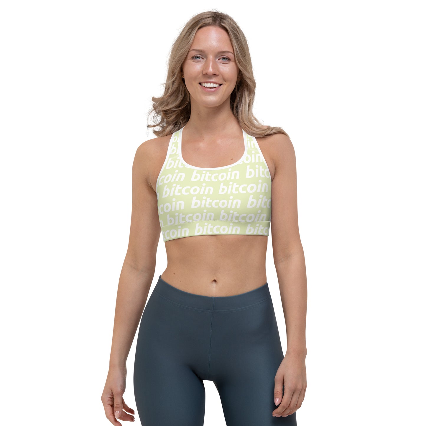Bitcoin Lime White Sports Bra printful