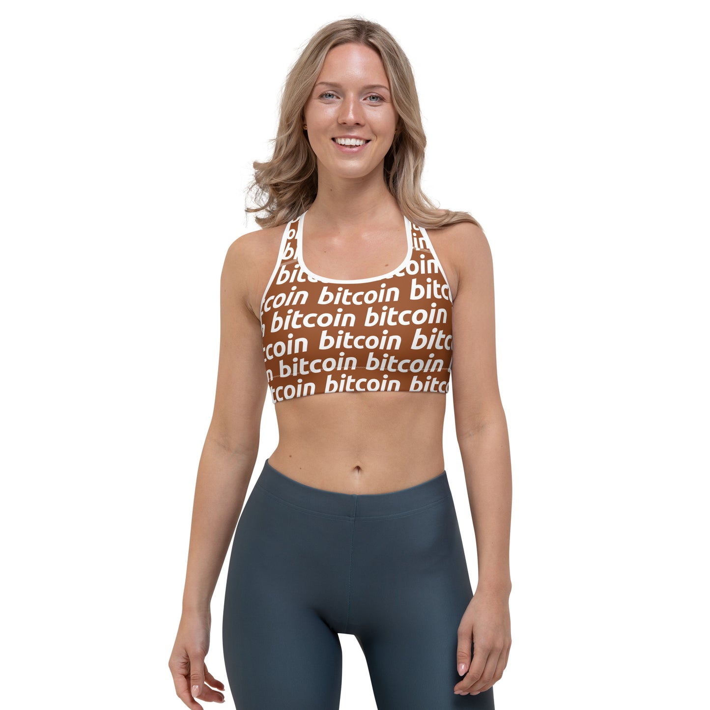 Bitcoin Hazelnut White Sports Bra printful
