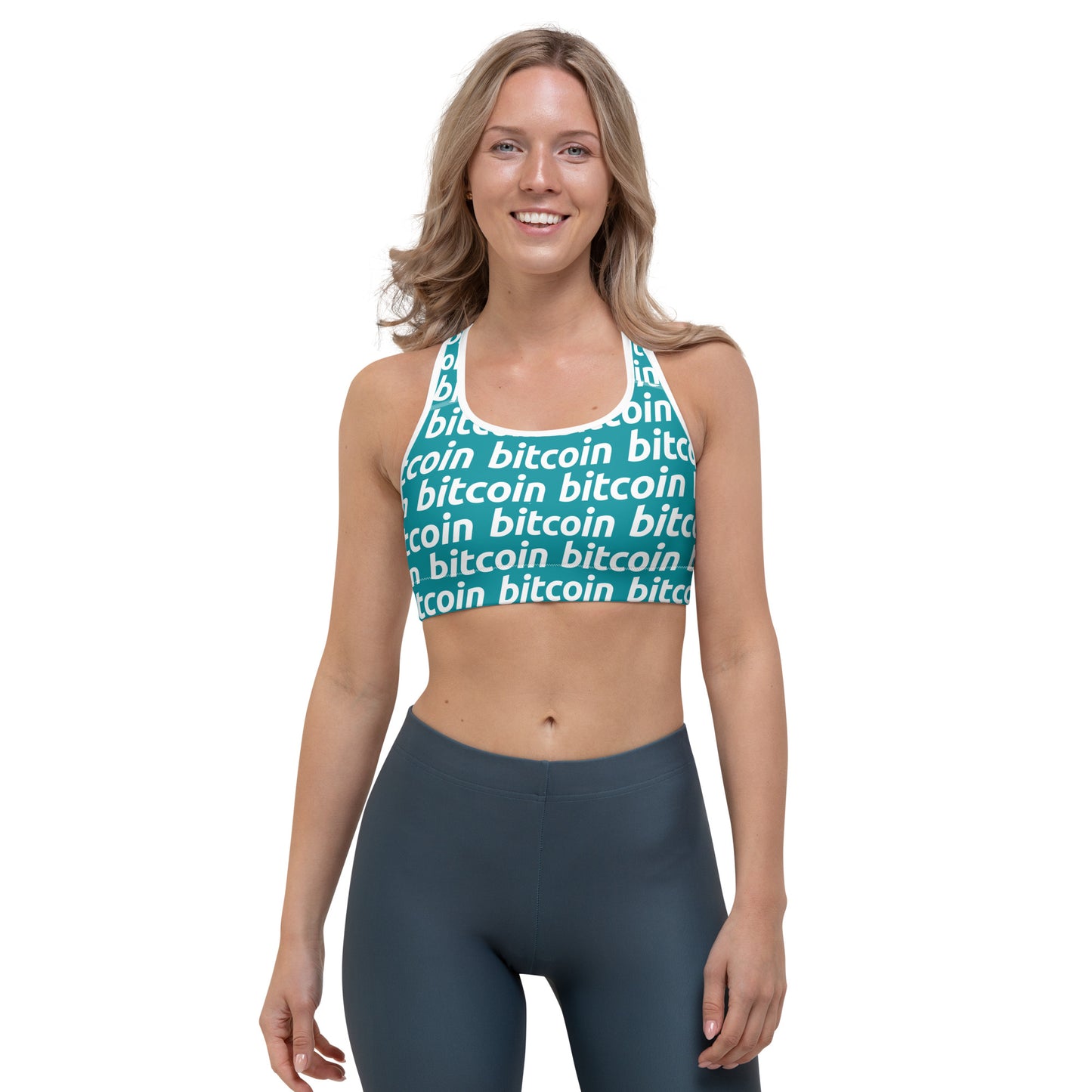Bitcoin Blu White Sports Bra printful