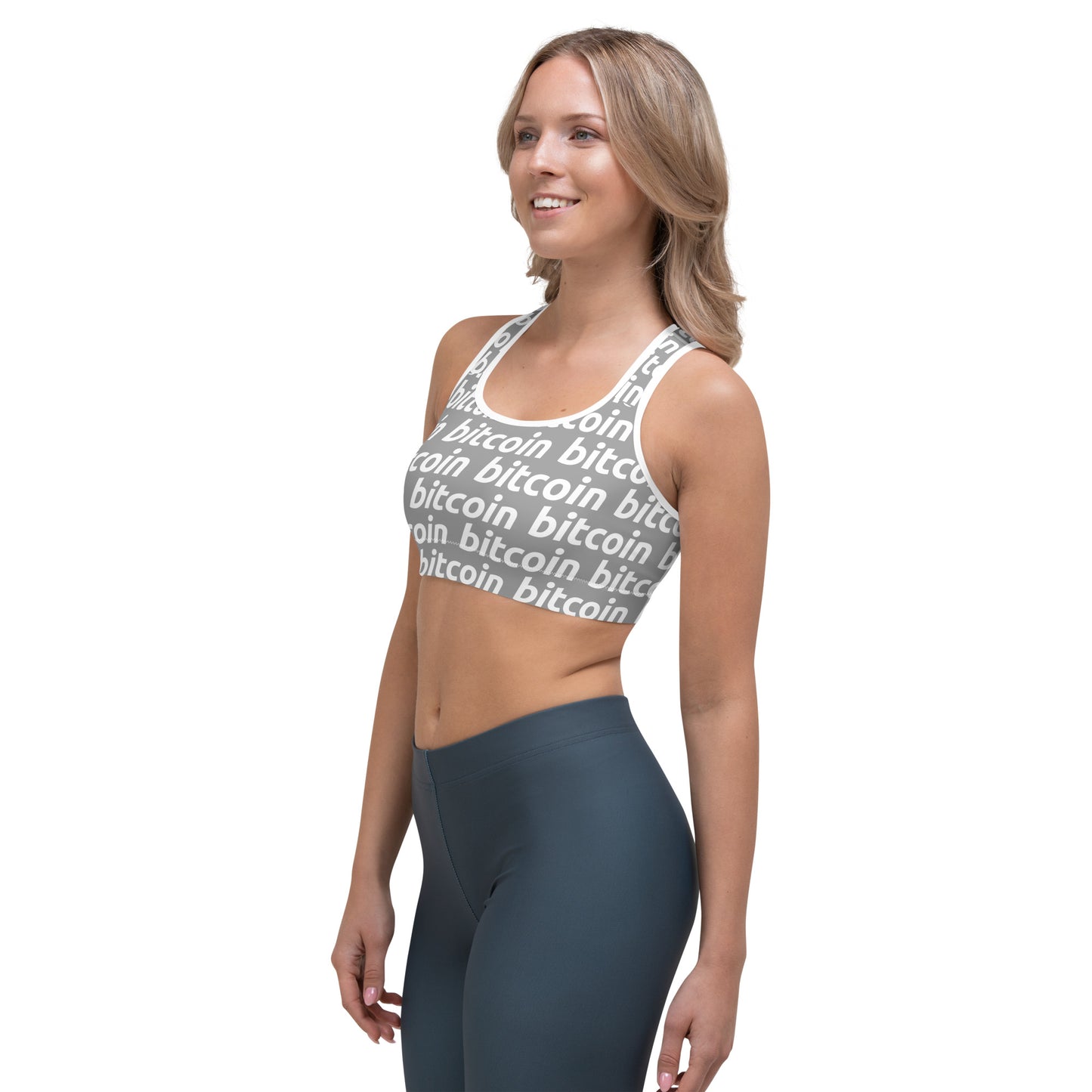 Bitcoin Gray White Sports Bra printful
