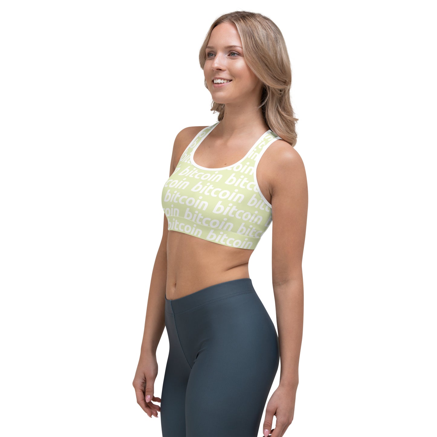 Bitcoin Lime White Sports Bra printful