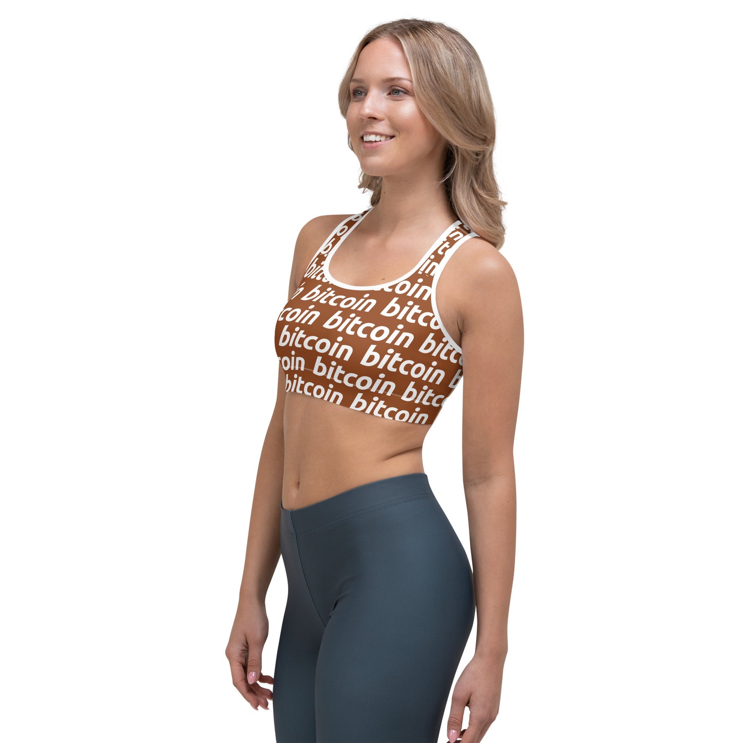 Bitcoin Hazelnut White Sports Bra printful
