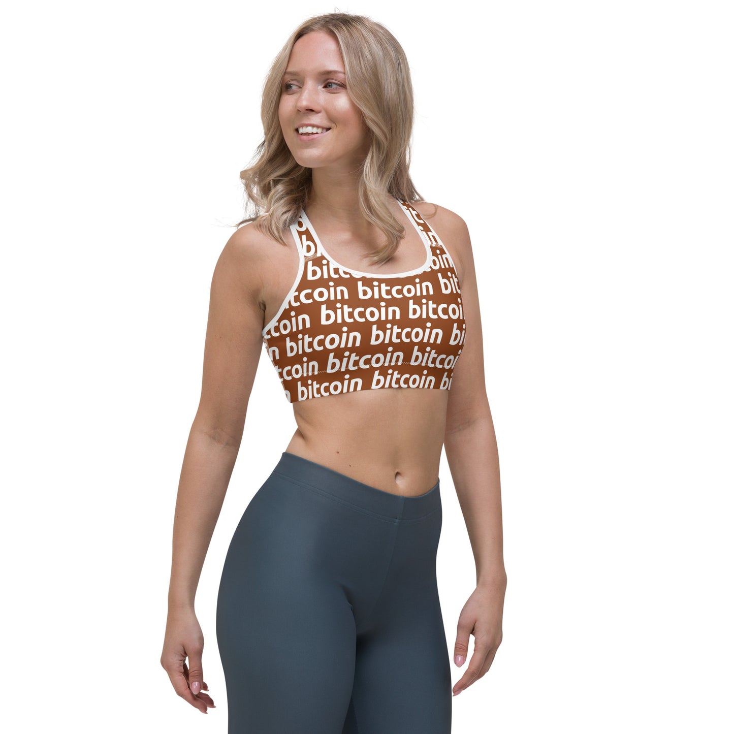 Bitcoin Hazelnut White Sports Bra printful