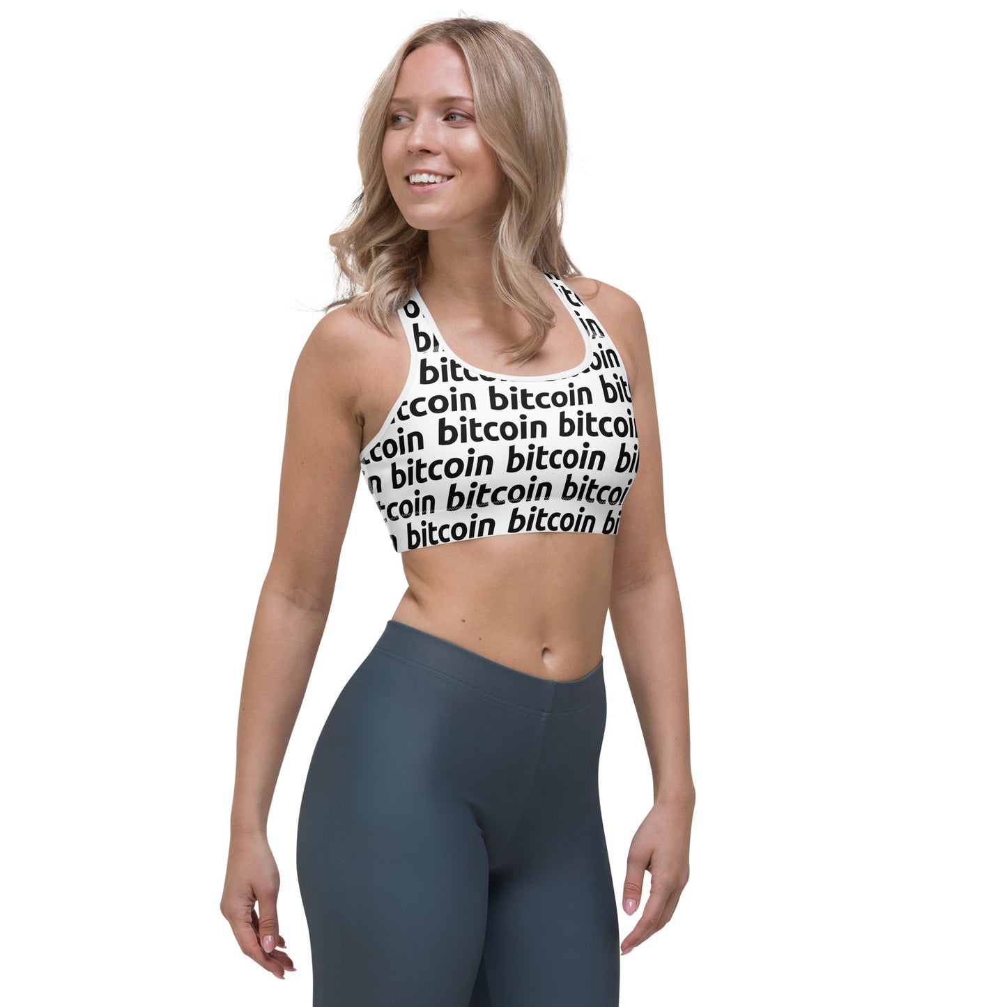 Bitcoin Snow Sports Bra printful