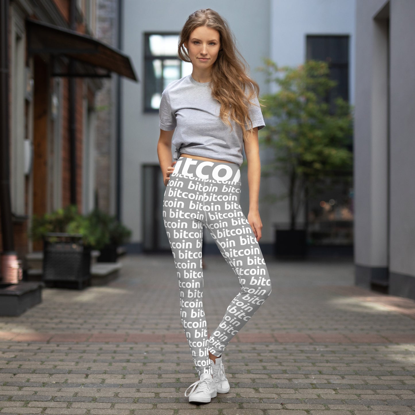 Bitcoin Gray White Yoga Leggings printful