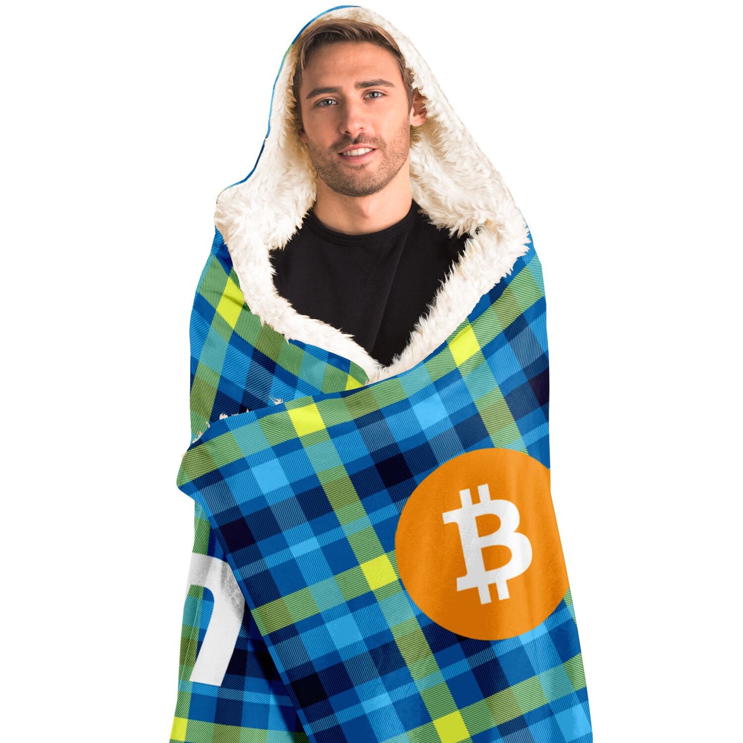 Bitcoin Tartan Blue Hooded Blanket In N Out Crypto