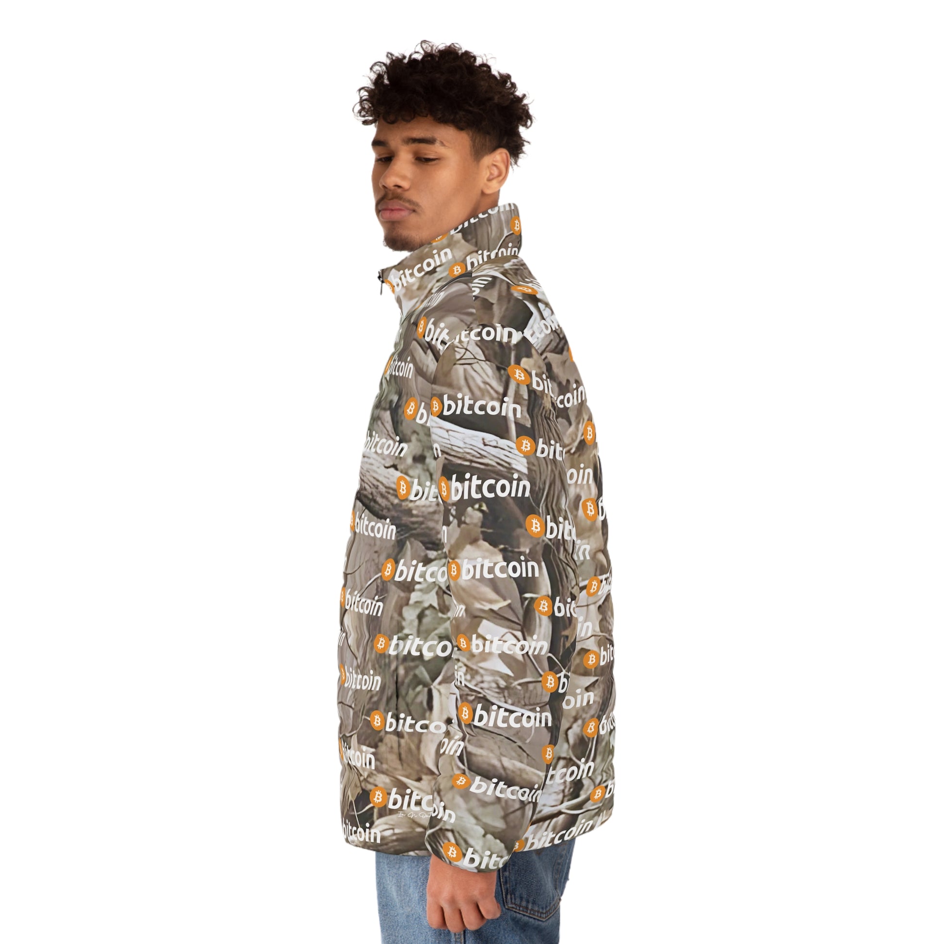 Bitcoin Wood Camouflage Puffer Jacket Printify