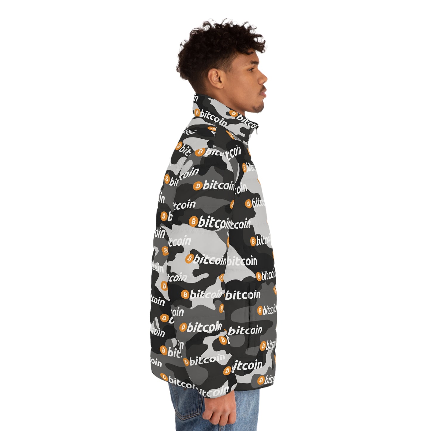 Bitcoin Camo Puffer Jacket Printify