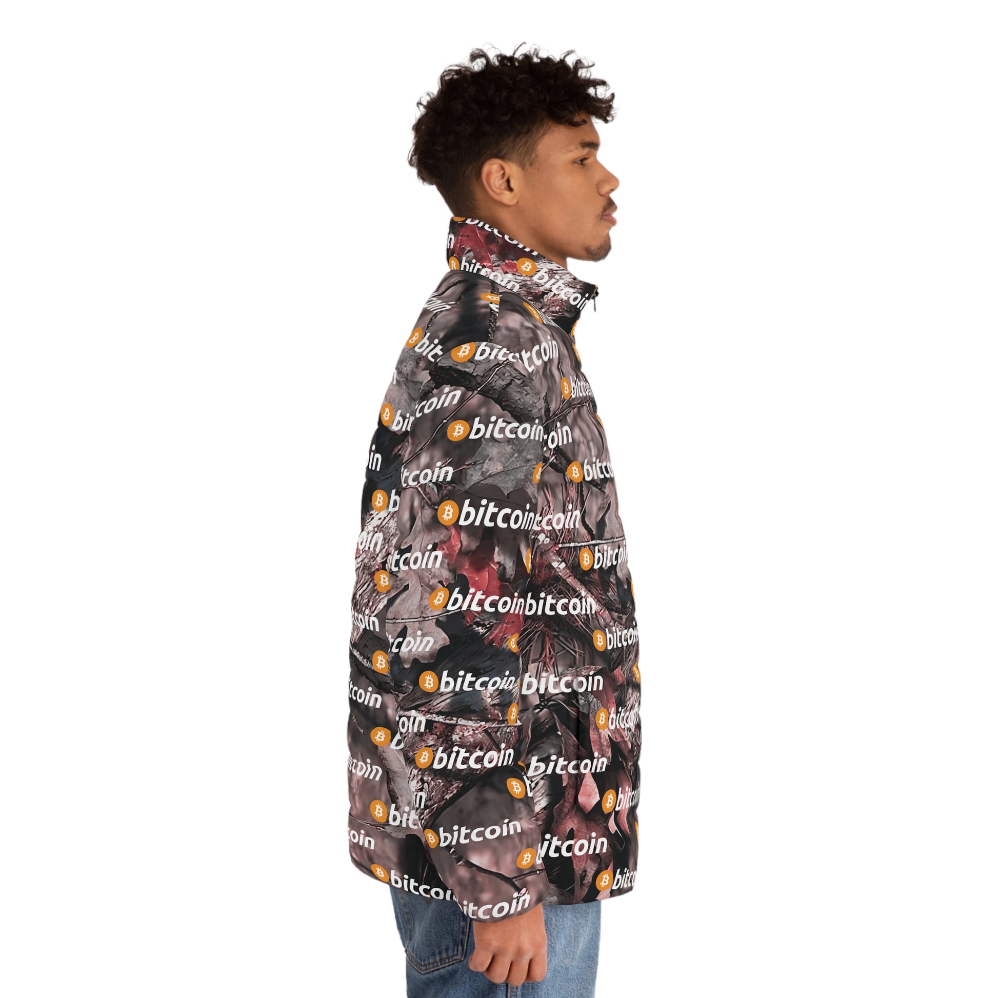 Bitcoin Hunter Camo Puffer Jacket Printify