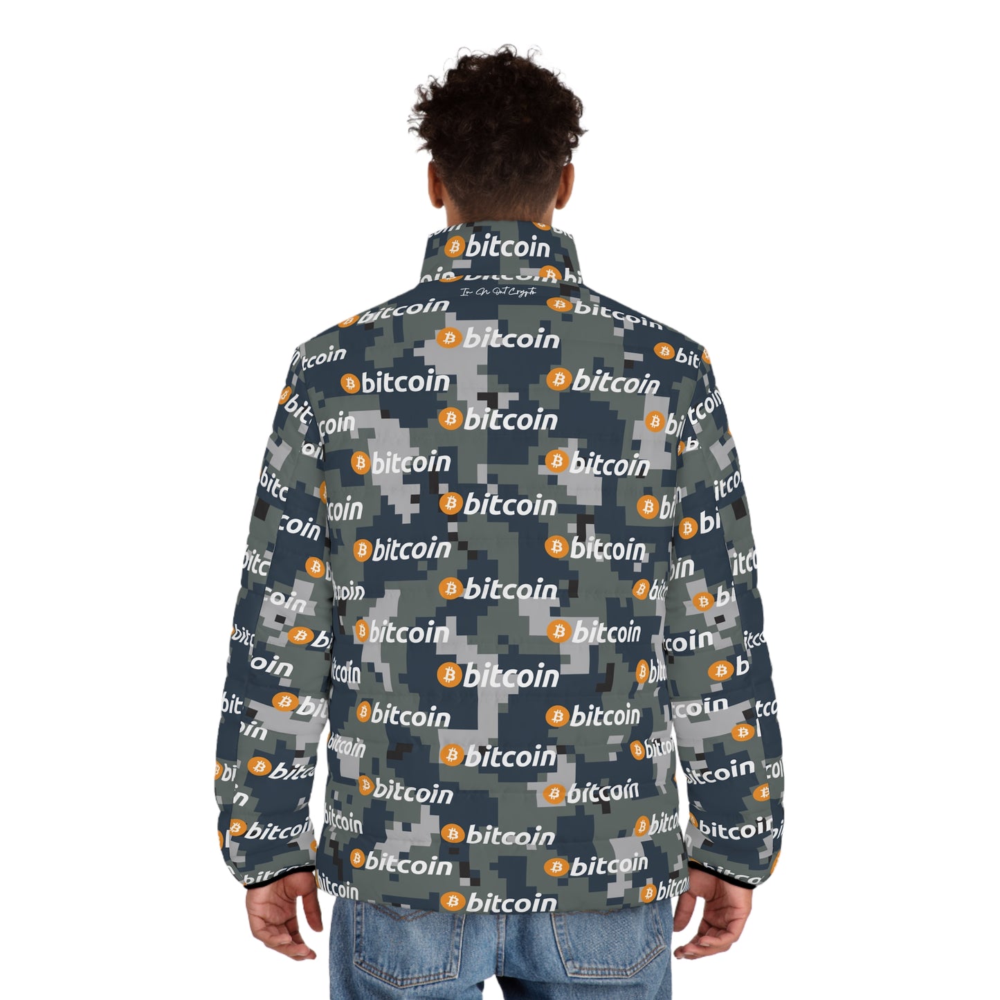 Bitcoin Navy Camouflage Puffer Jacket Printify