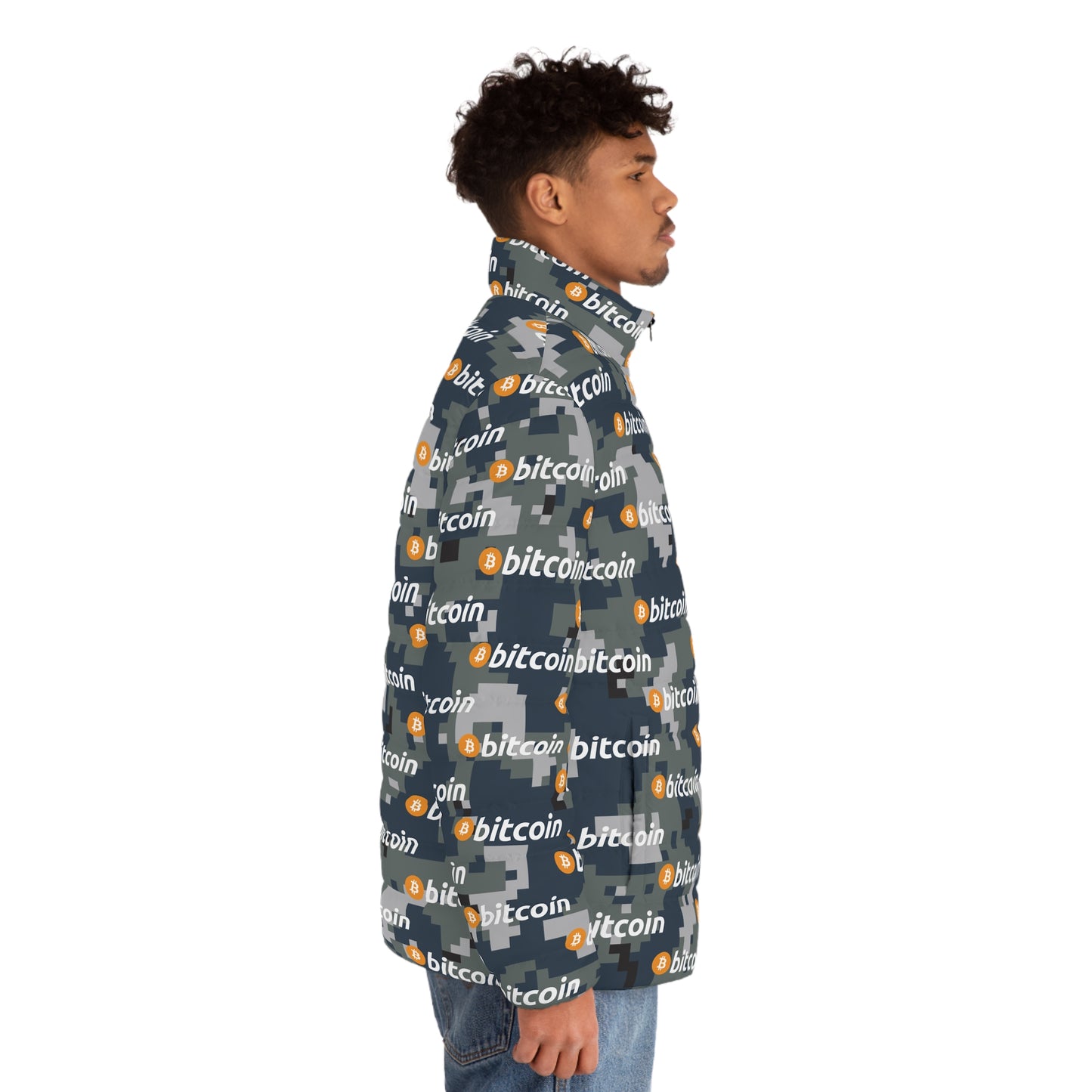 Bitcoin Navy Camouflage Puffer Jacket Printify