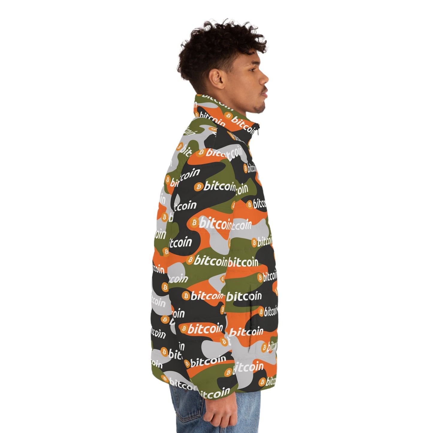 Bitcoin Orange Green Camo Puffer Jacket Printify