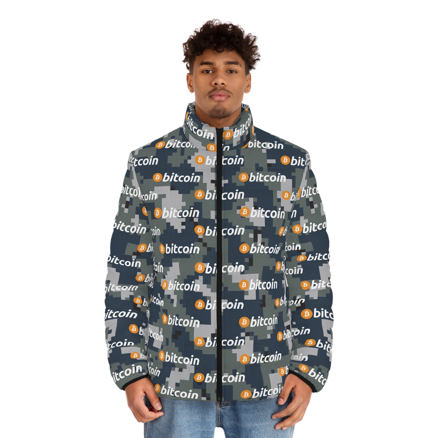 Bitcoin Navy Camouflage Puffer Jacket Printify