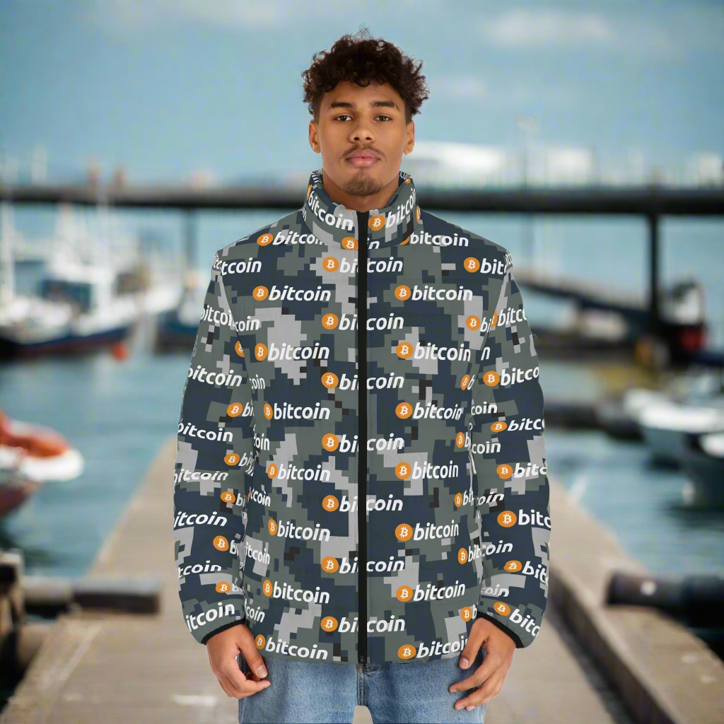 Bitcoin Navy Camouflage Puffer Jacket InNOutCrypto