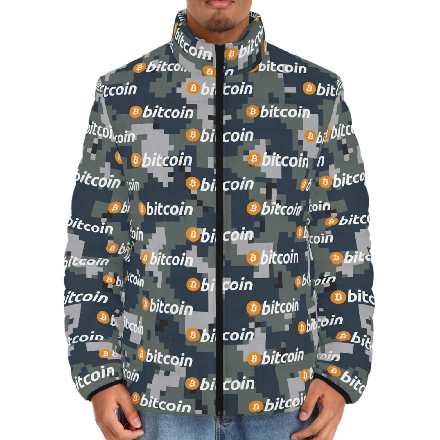 Bitcoin Navy Camouflage Puffer Jacket InNOutCrypto