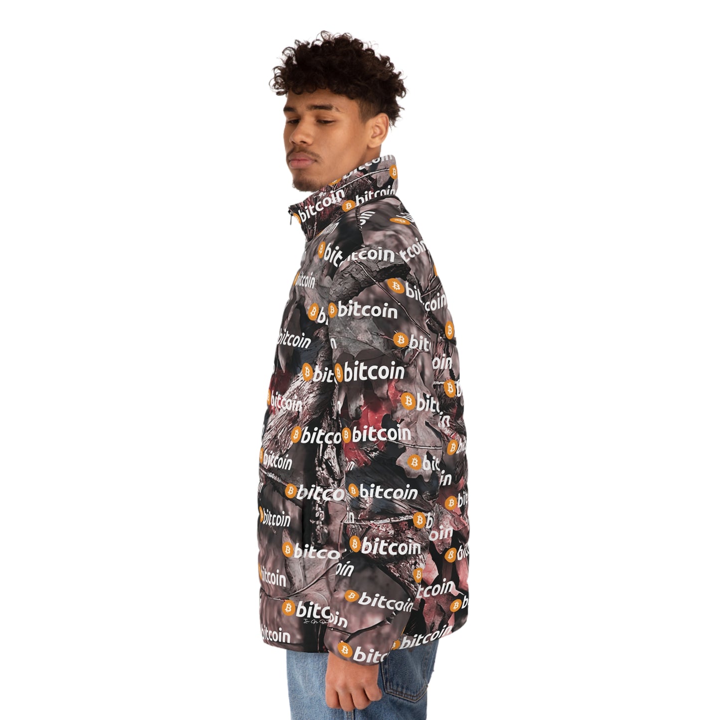 Bitcoin Hunter Camo Puffer Jacket Printify