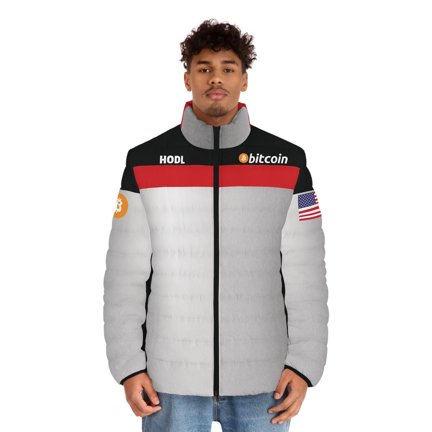 Bitcoin Racing Puffer Jacket Printify