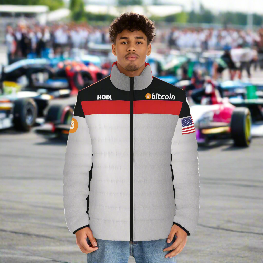 Bitcoin Racing Puffer Jacket Printify