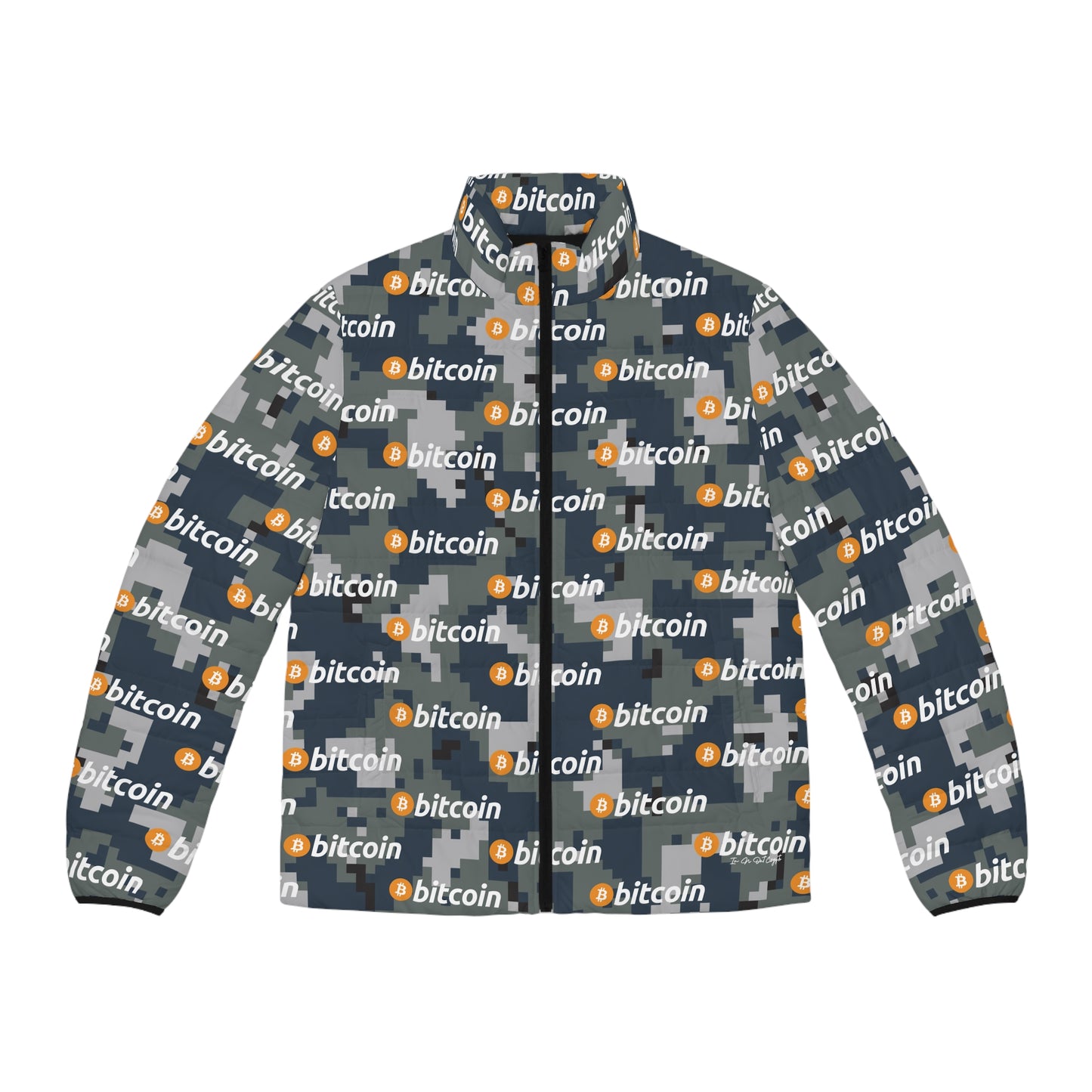 Bitcoin Navy Camouflage Puffer Jacket Printify