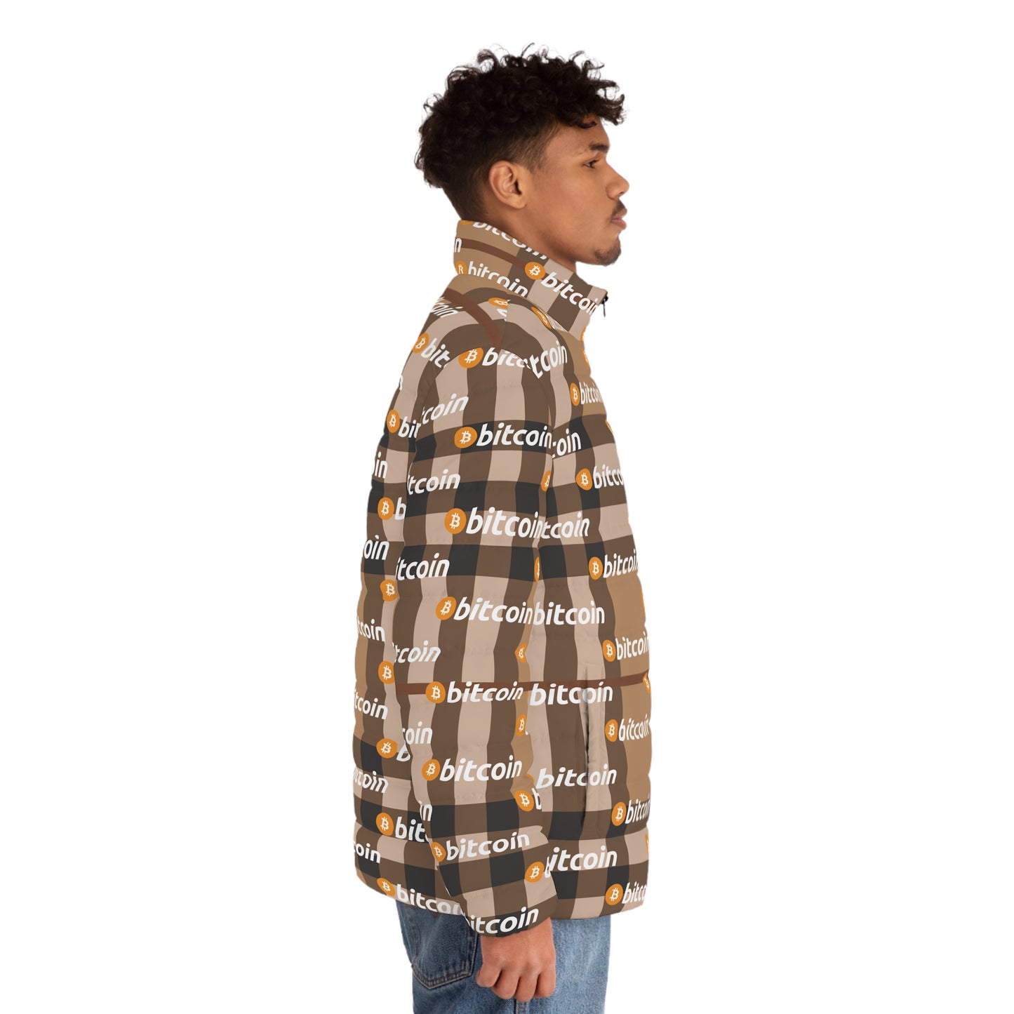 Bitcoin Tartan Camel Puffer Jacket Printify