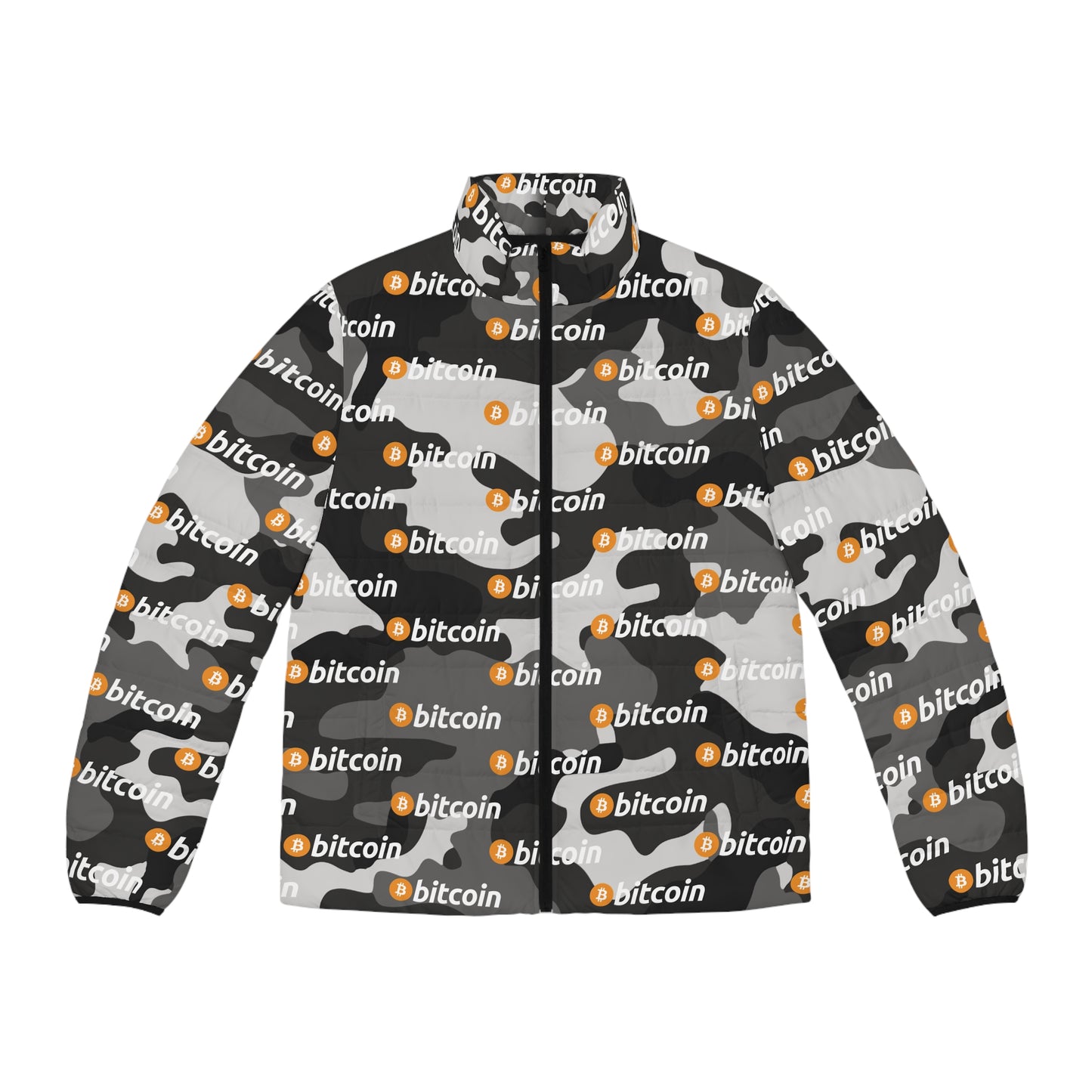 Bitcoin Camo Puffer Jacket Printify