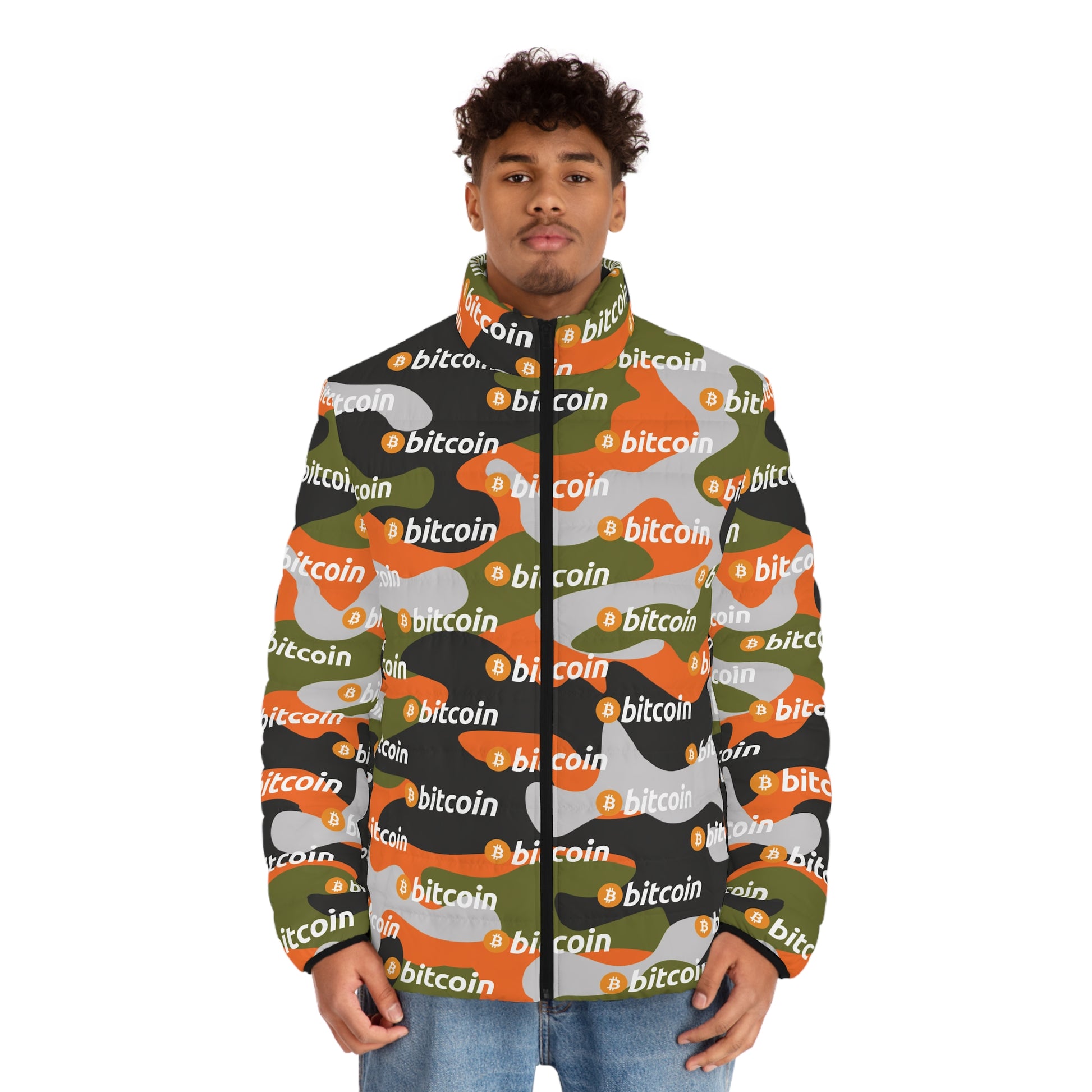 Bitcoin Orange Green Camo Puffer Jacket Printify