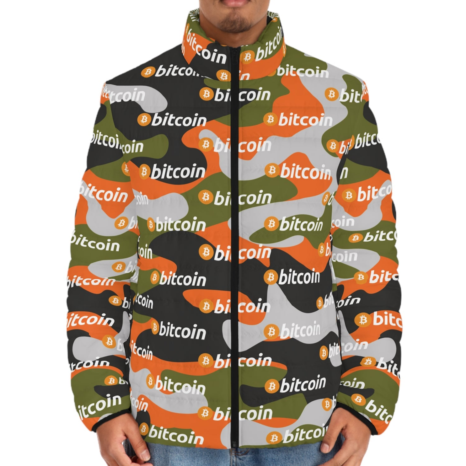 Bitcoin Orange Green Camo Puffer Jacket InNOutCrypto