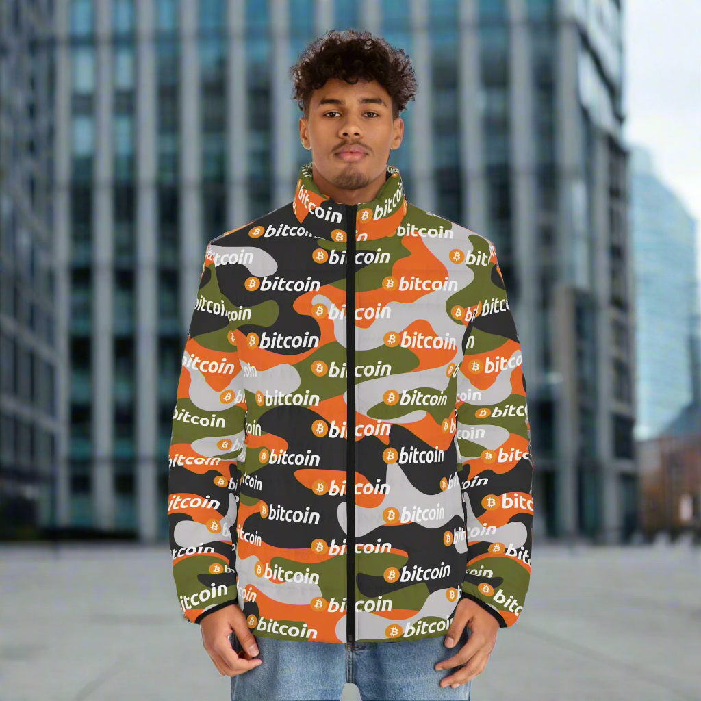 Bitcoin Orange Green Camo Puffer Jacket InNOutCrypto