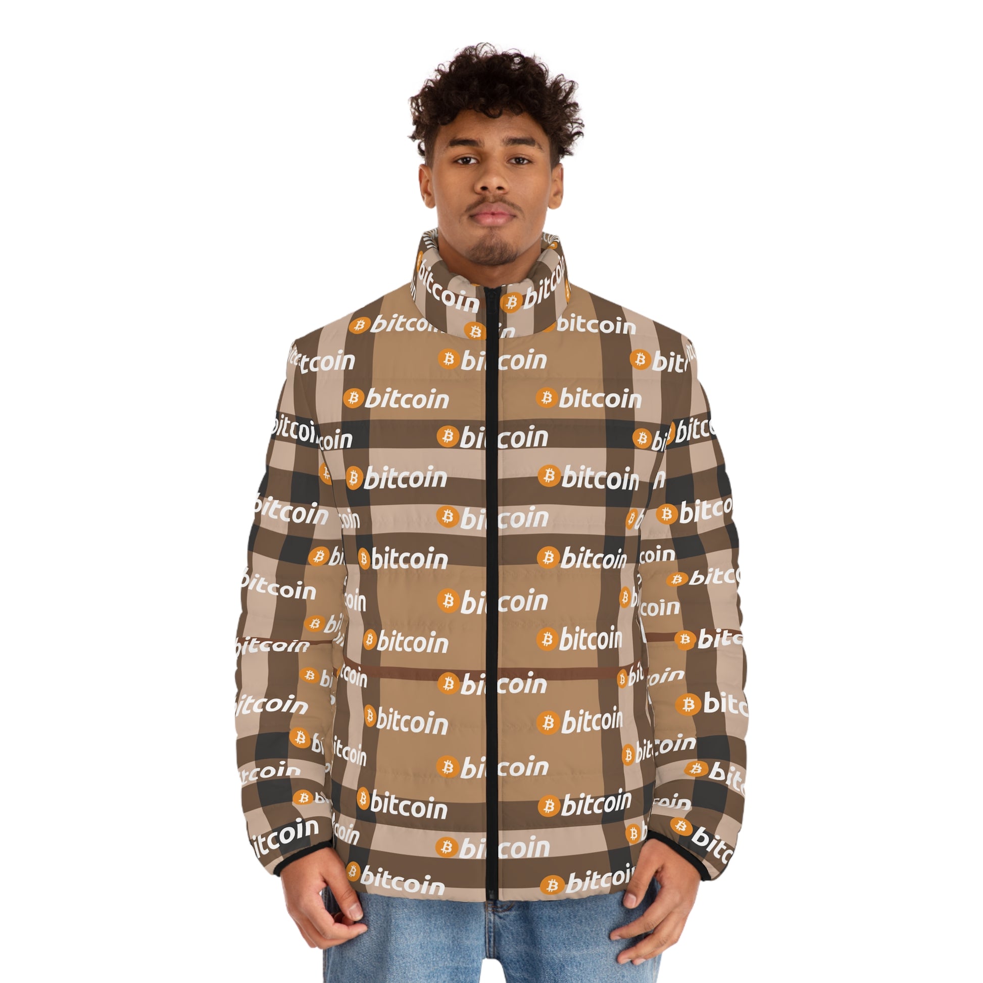 Bitcoin Tartan Camel Puffer Jacket Printify