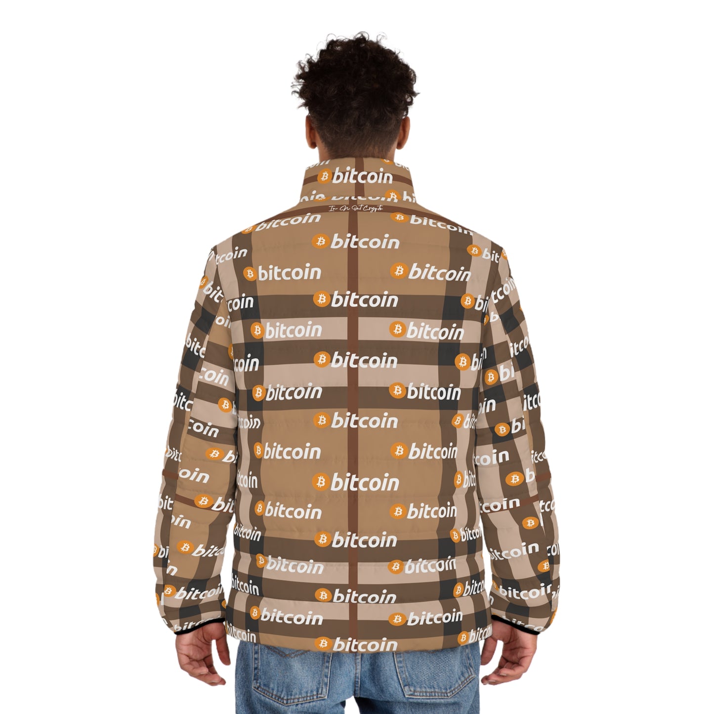 Bitcoin Tartan Camel Puffer Jacket Printify