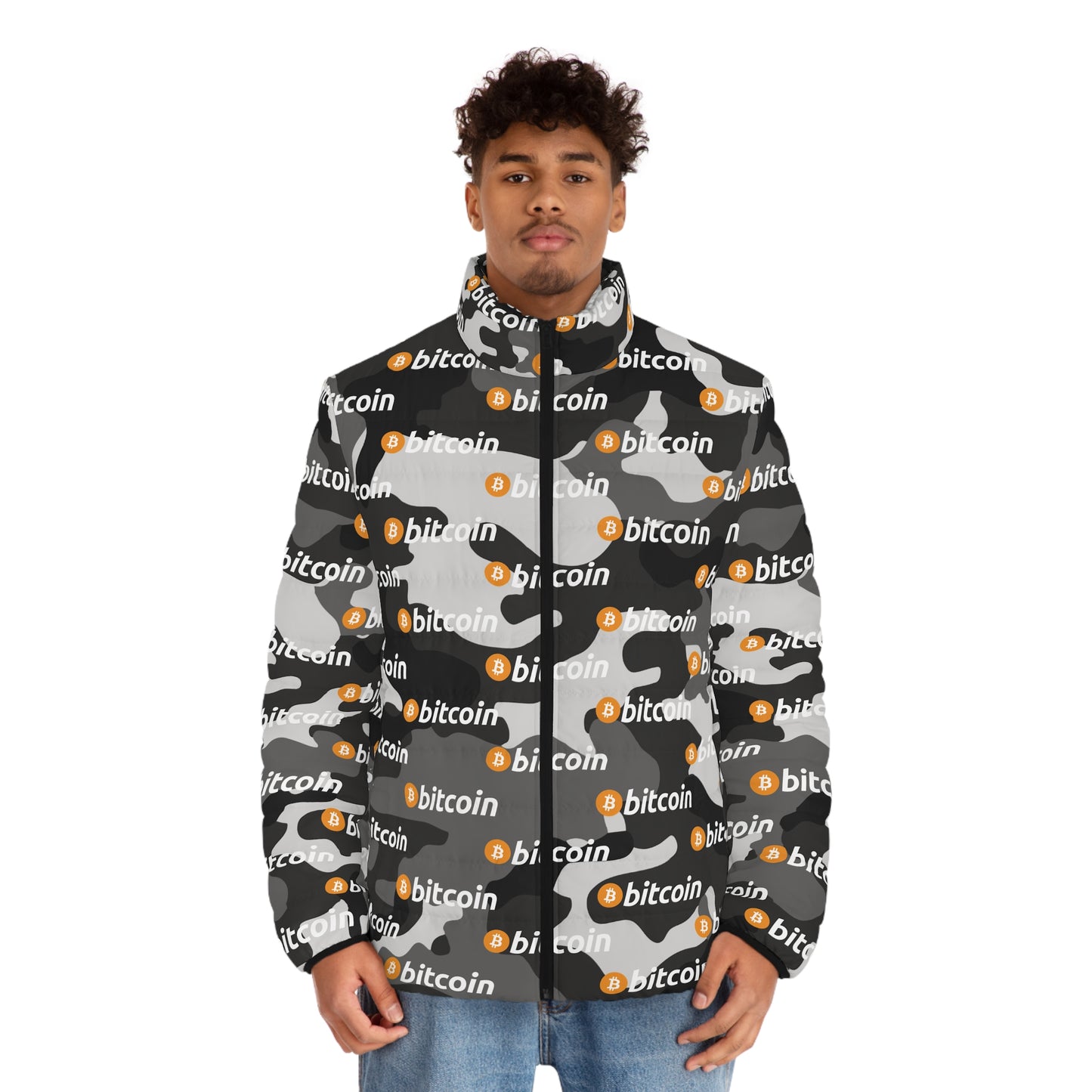 Bitcoin Camo Puffer Jacket Printify