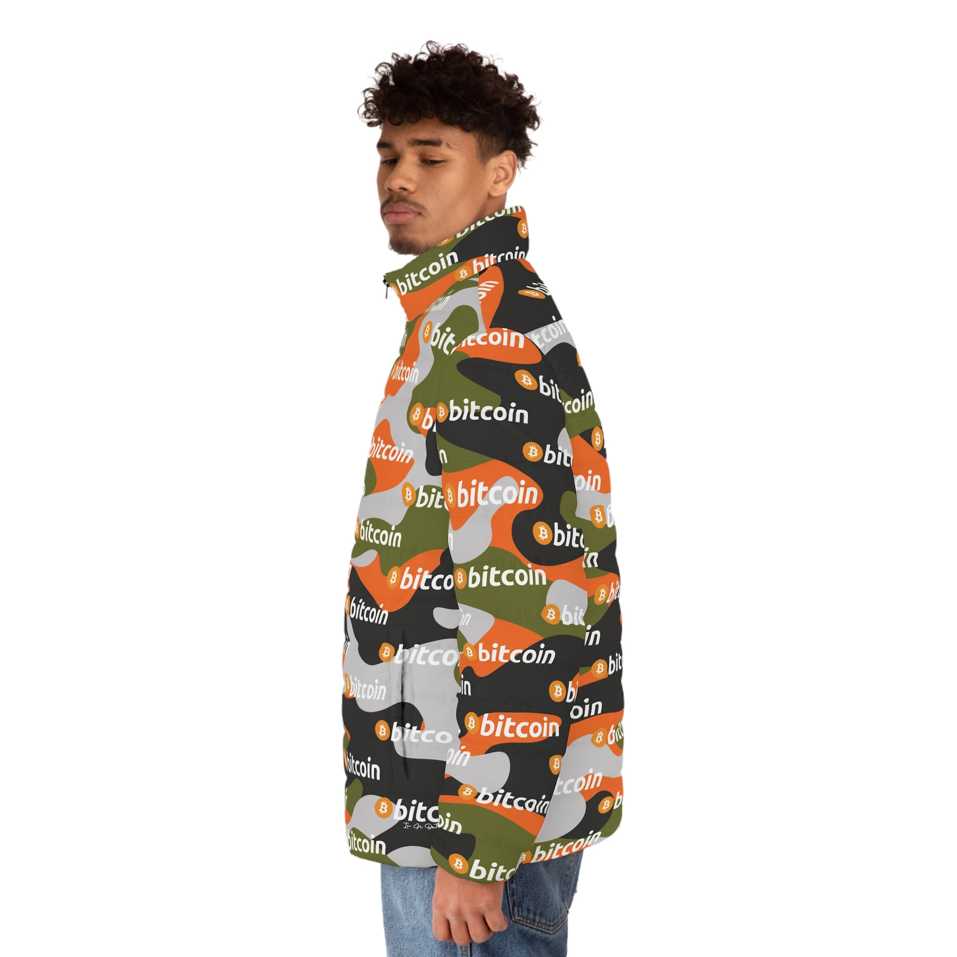 Bitcoin Orange Green Camo Puffer Jacket Printify