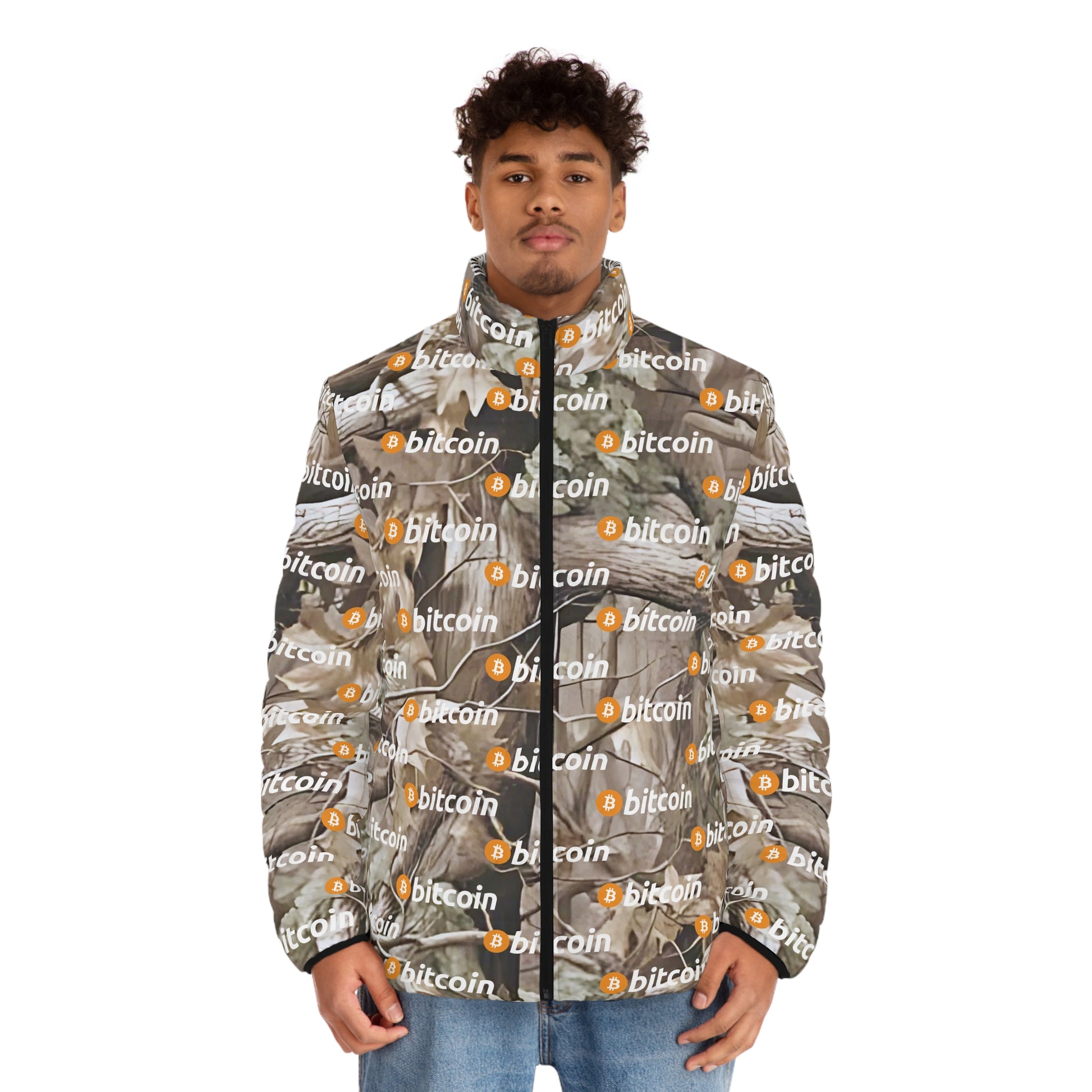 Bitcoin Wood Camouflage Puffer Jacket Printify