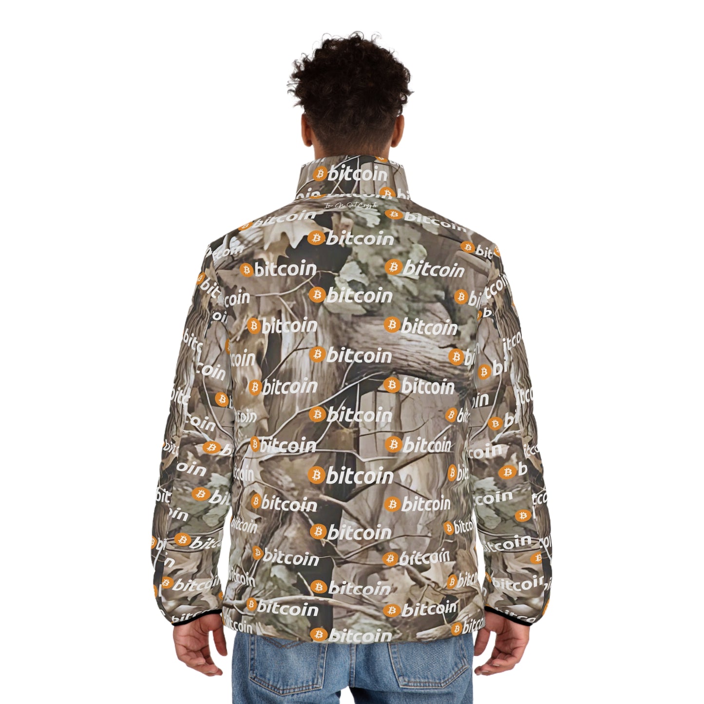 Bitcoin Wood Camouflage Puffer Jacket Printify