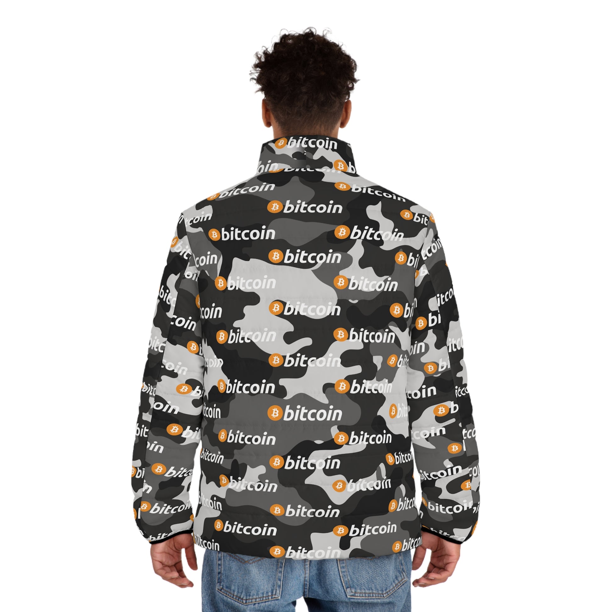 Bitcoin Camo Puffer Jacket Printify