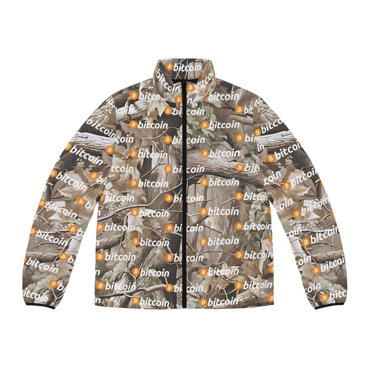 Bitcoin Wood Camouflage Puffer Jacket Printify