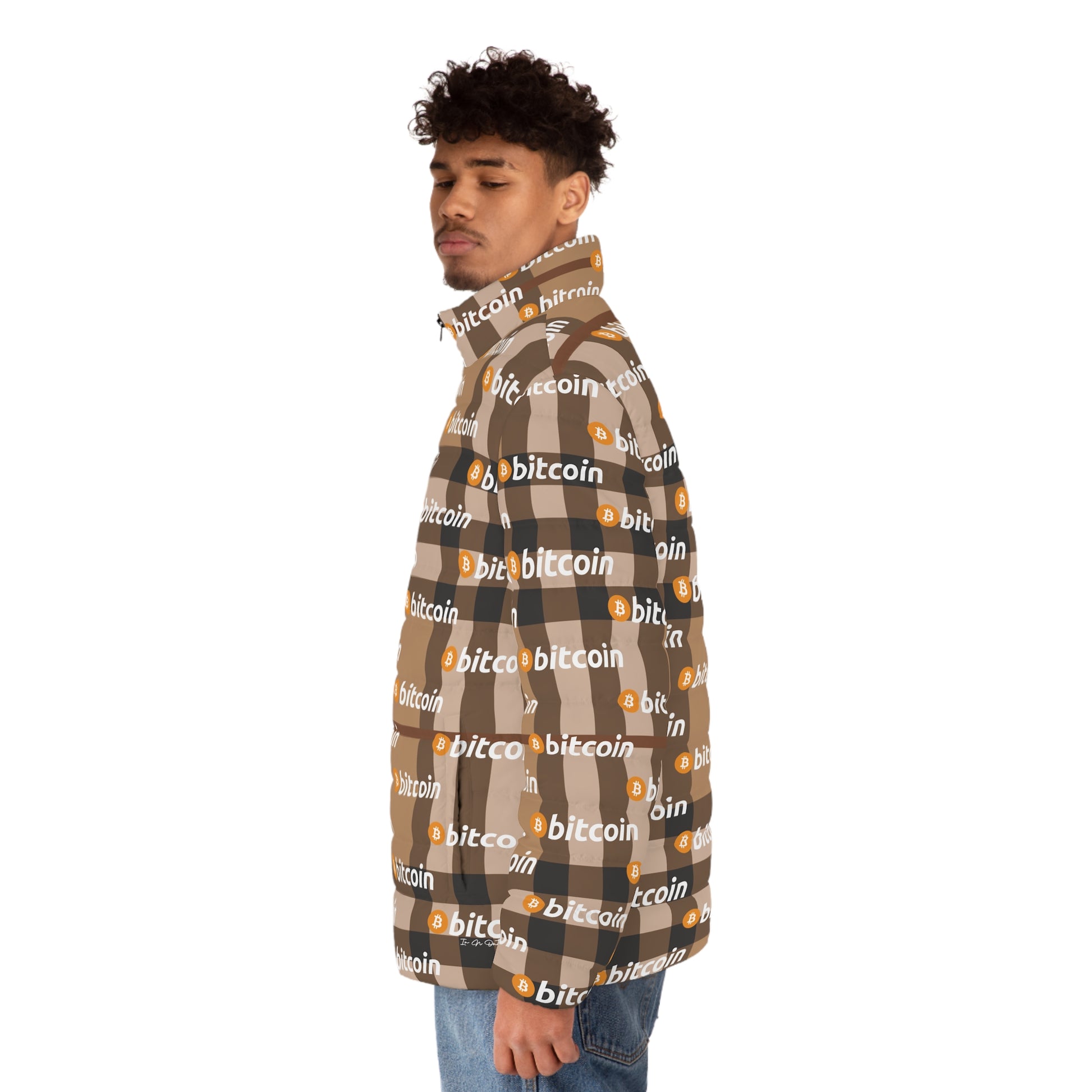 Bitcoin Tartan Camel Puffer Jacket Printify