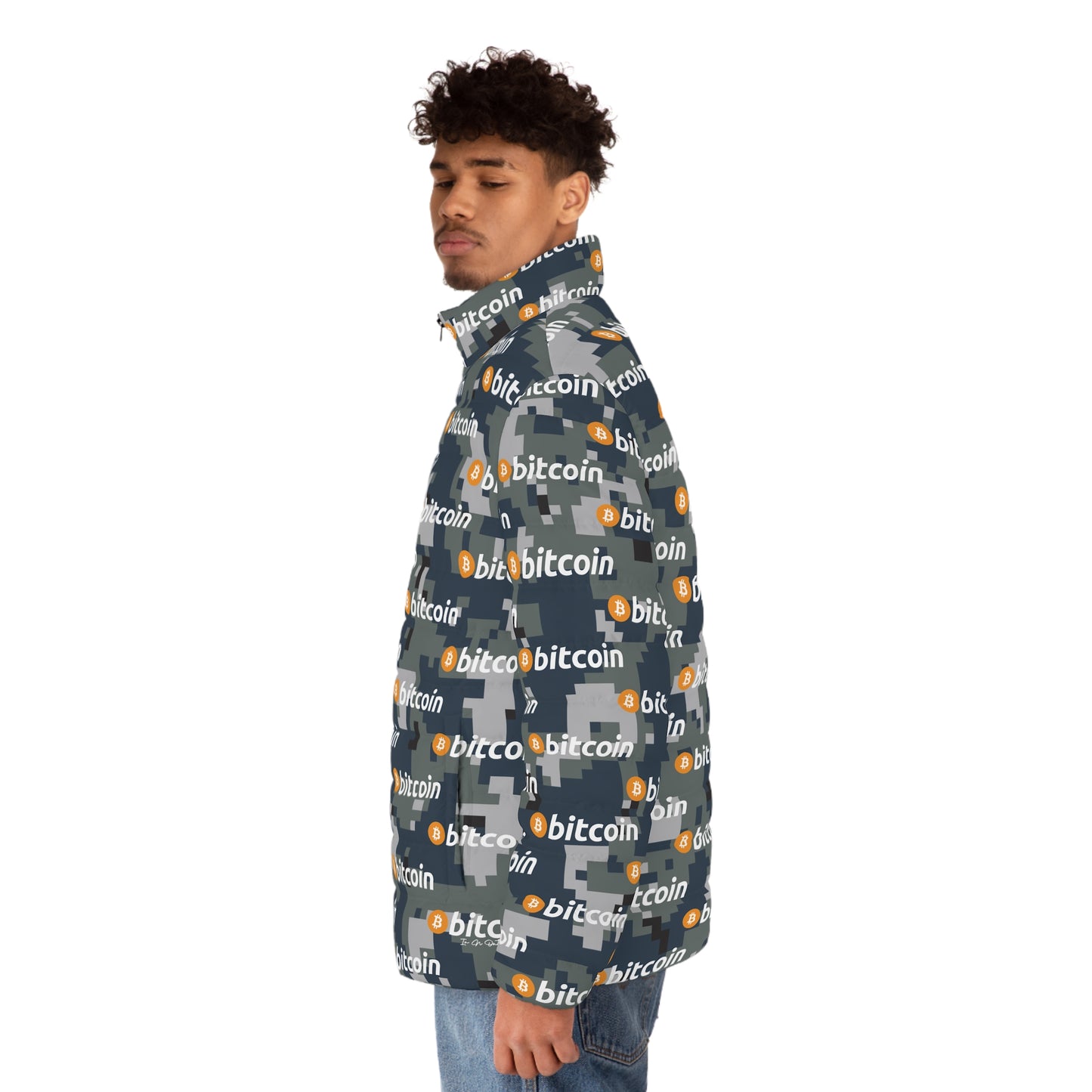 Bitcoin Navy Camouflage Puffer Jacket Printify