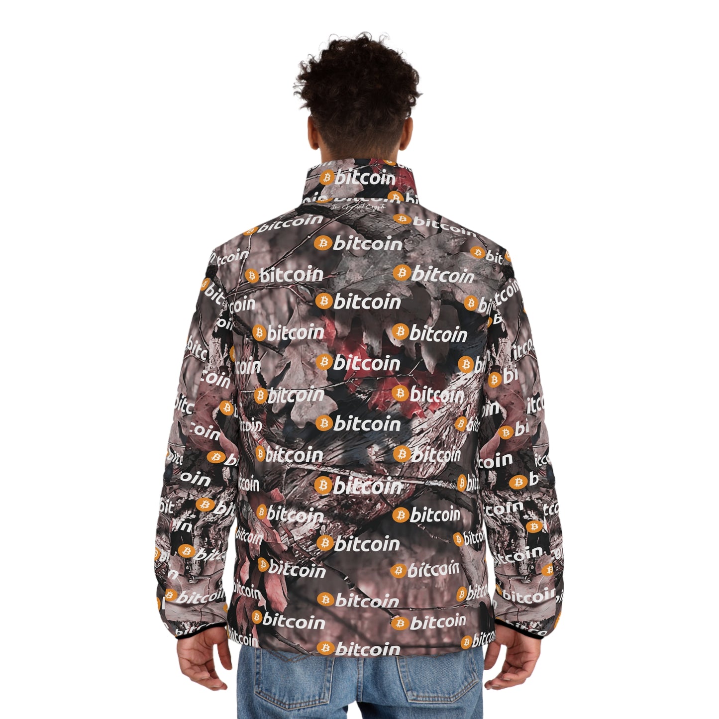 Bitcoin Hunter Camo Puffer Jacket Printify