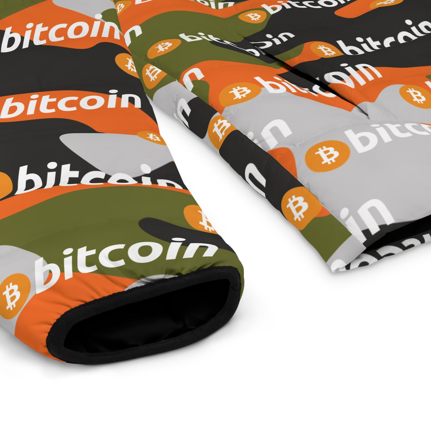 Bitcoin Orange Green Camo Puffer Jacket Printify