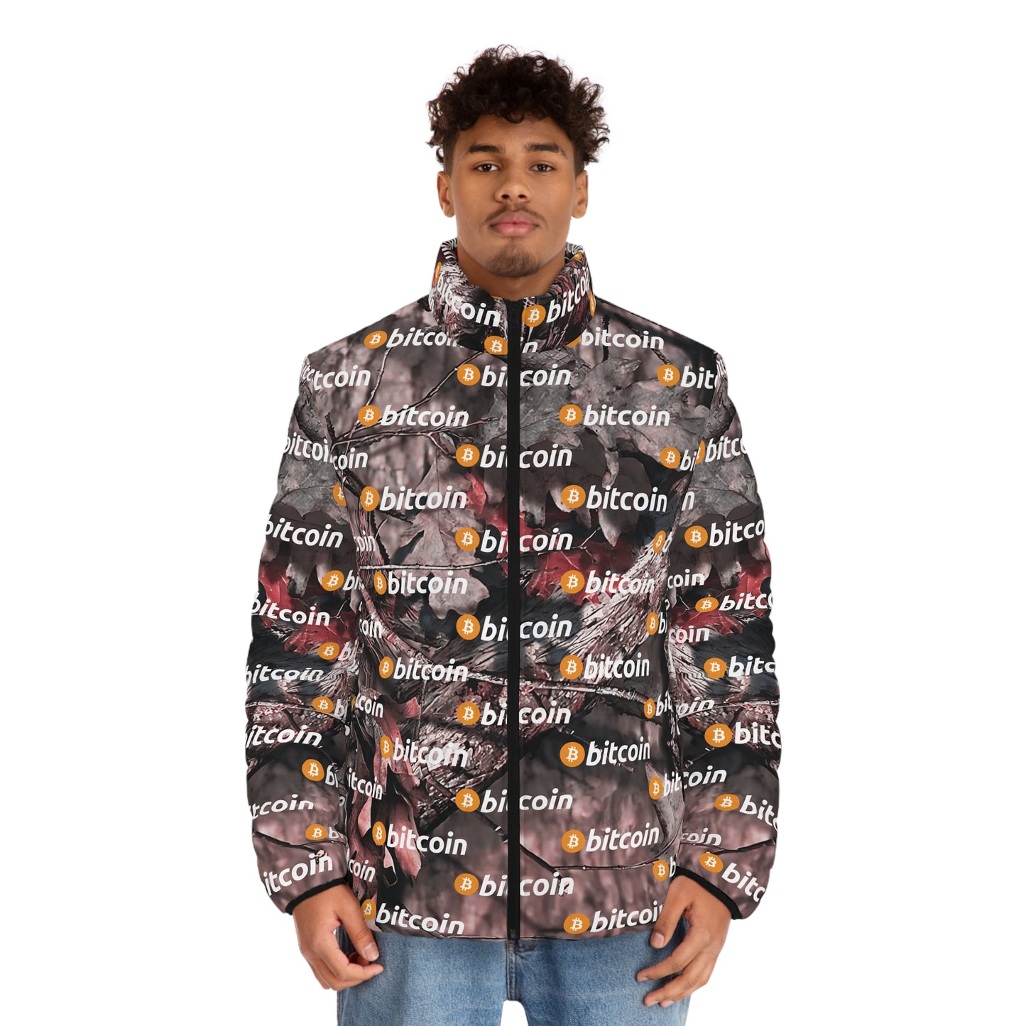 Bitcoin Hunter Camo Puffer Jacket Printify