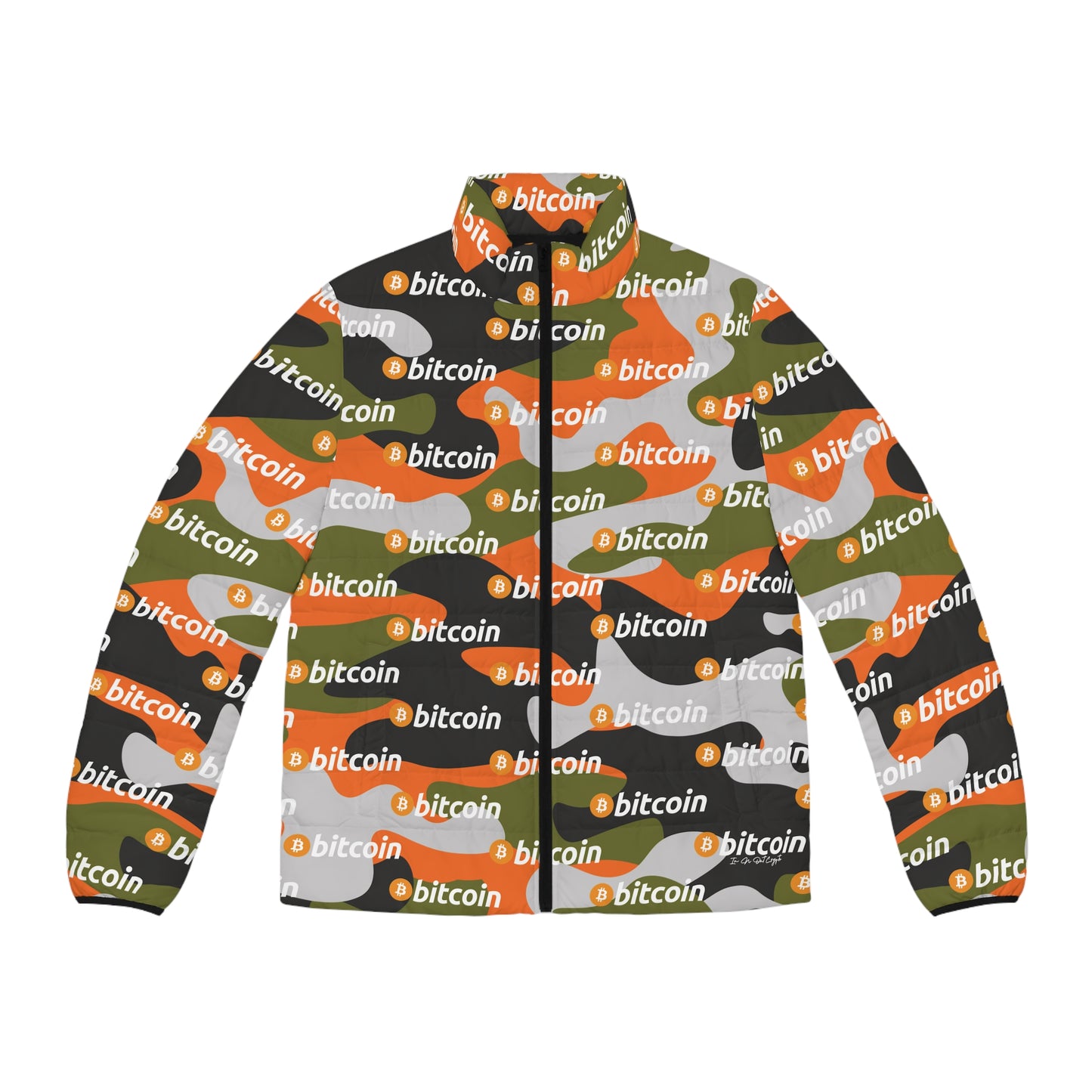 Bitcoin Orange Green Camo Puffer Jacket Printify