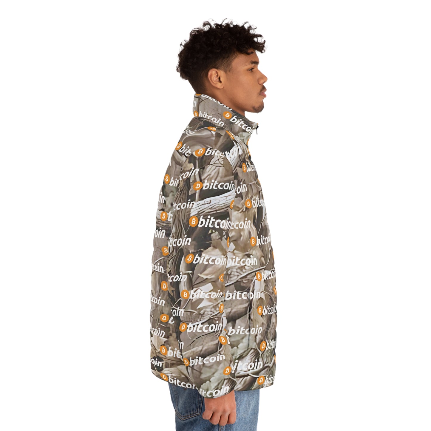 Bitcoin Wood Camouflage Puffer Jacket Printify