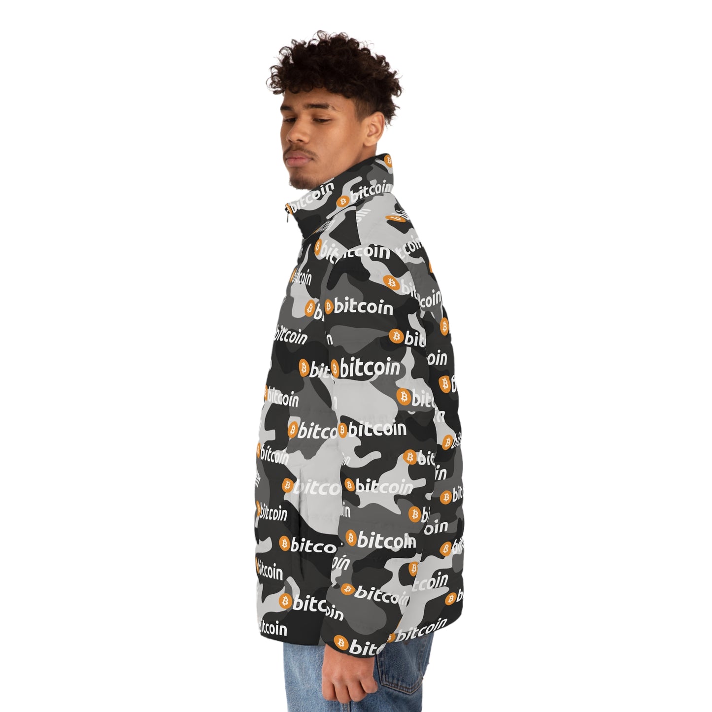 Bitcoin Camo Puffer Jacket Printify